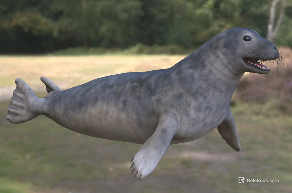 Gray Aquatic Reptile in Natural Habitat With Grassy Field and Green Trees 3d model 
