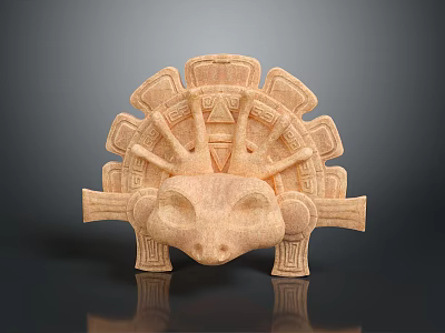 Ancient Animal Head Sculpture With Intricate Carvings On Dark Reflective Background 3d model