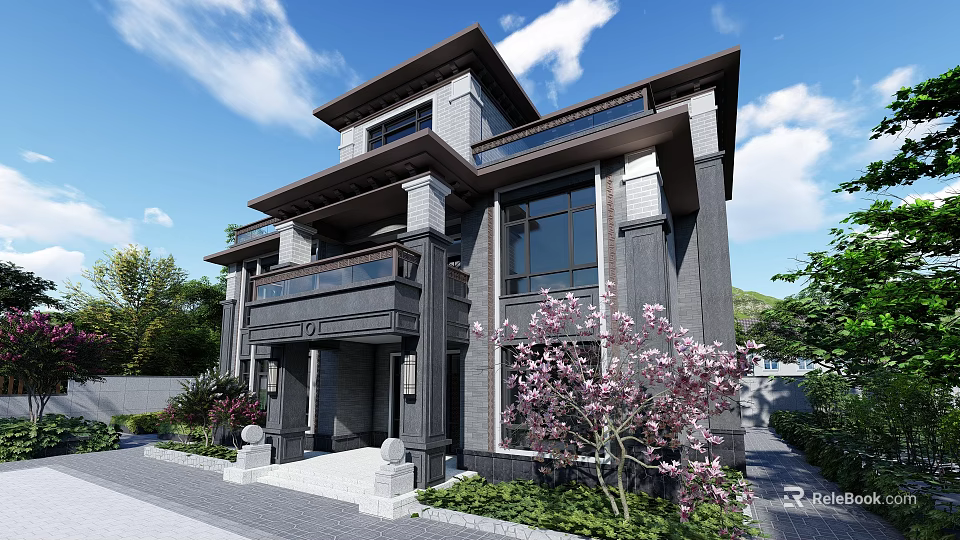 Modern Chinese Detached Villa Exterior With Large Windows Balcony Pink Flowering Trees And Green Plants 3d model 