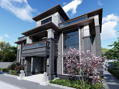 Modern Chinese Detached Villa Exterior With Large Windows Balcony Pink Flowering Trees And Green Plants 3d model