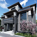 Modern Chinese Detached Villa Exterior With Large Windows Balcony Pink Flowering Trees And Green Plants
