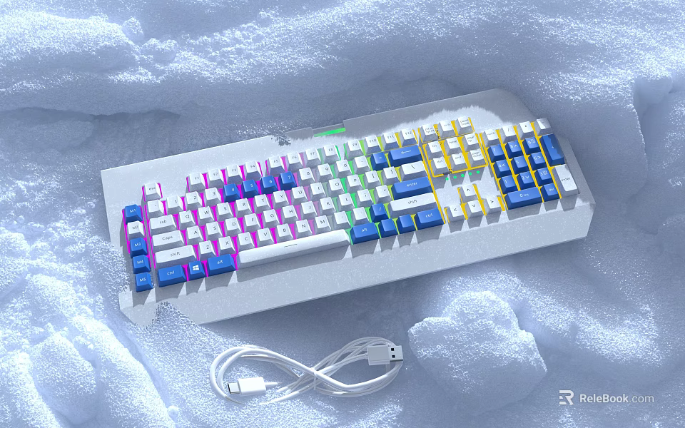 RGB Backlit Mechanical Keyboard With White USB Cable On Snowy Surface Digital Accessories 3d model 