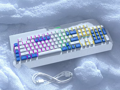 RGB Backlit Mechanical Keyboard With White USB Cable On Snowy Surface Digital Accessories 3d model