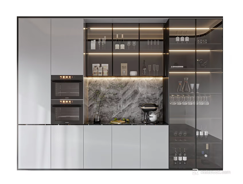 Modern Kitchen Wine Cabinet Design With Glass Doors And Wine Bottles 3d model 