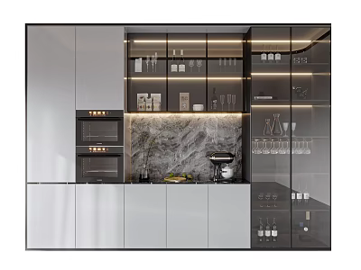 Modern Kitchen Wine Cabinet Design With Glass Doors And Wine Bottles 3d model