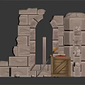 Medieval Stone Ruins Scene With Stone Arch Wooden Crate And Sword