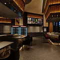 Modern Restaurant Interior With Bar Counter Chairs Decorative Pendant Lights And Wine Refrigerators