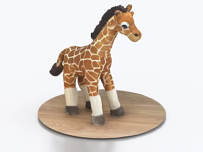 Stuffed Giraffe Doll With Black Mane Brown Yellow Spots White Legs On Wooden Round Base 3d model