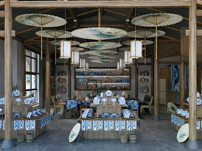 Blue and White Porcelain Store With Oil Paper Umbrellas Wooden Structure Display Cabinets And Tables 3d model