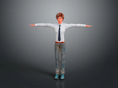 3D Character Boy With Brown Hair Glasses White Shirt Blue Tie Jeans And Arms Outstretched 3d model