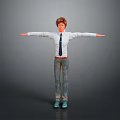 3D Character Boy With Brown Hair Glasses White Shirt Blue Tie Jeans And Arms Outstretched