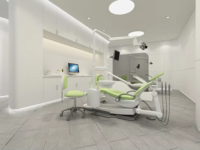 Modern Dental Clinic Interior With Green Chair White Cabinets Computer And Medical Equipment 3d model
