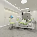 Modern Dental Clinic Interior With Green Chair White Cabinets Computer And Medical Equipment