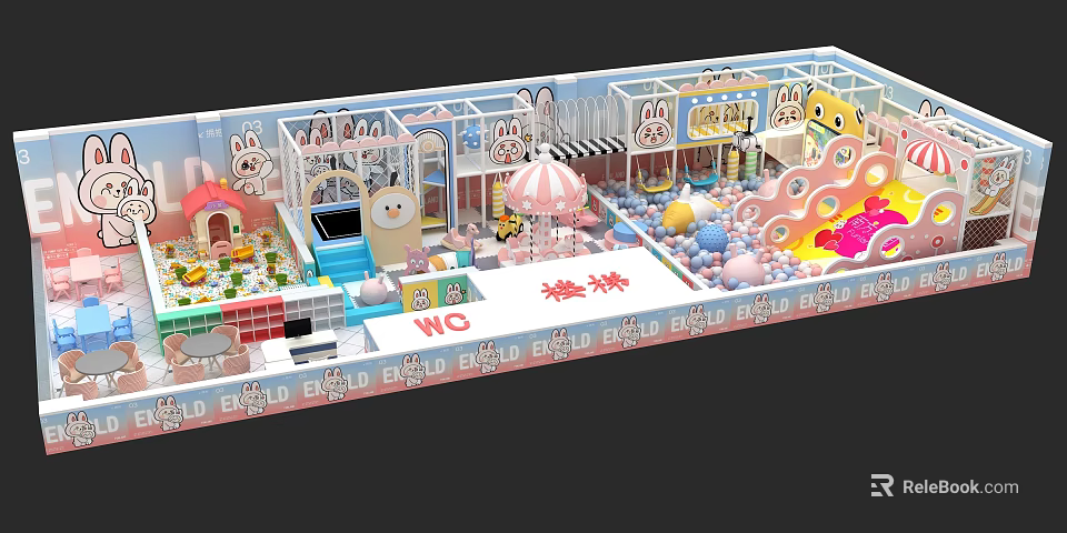 Pink Themed Indoor Playground With Rabbit Decorations Ball Pit Slide And Colorful Balls For Kids 3d model 