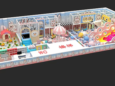 Pink Themed Indoor Playground With Rabbit Decorations Ball Pit Slide And Colorful Balls For Kids 3d model