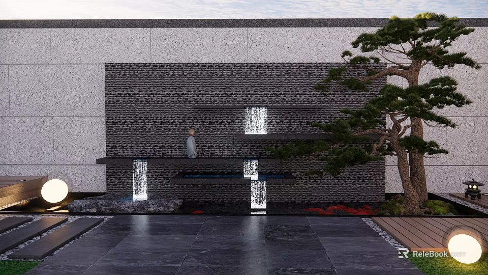 Modern Indoor Landscape With Gray Stone Wall Water Feature Sitting Statue And Pine Tree 3d model 