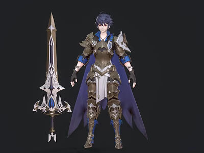 Game Character In Blue And Gold Armor With Purple Cloak And Ornate Sword Design 3d model