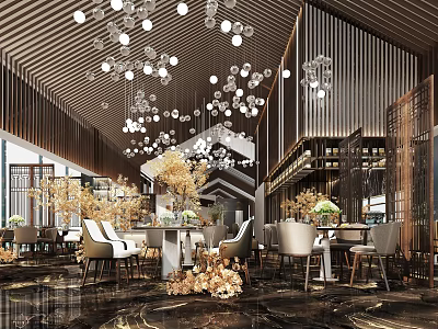 Elegant Dining Space With Wooden Ceiling Glass Bubble Chandeliers Marble Flooring And Floral Decor 3d model