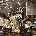 Elegant Dining Space With Wooden Ceiling Glass Bubble Chandeliers Marble Flooring And Floral Decor