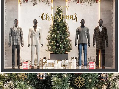 Christmas Window Display Featuring Mannequins in Fashionable Outfits Decorated Tree Gift Boxes 20% Off Signs 3d model