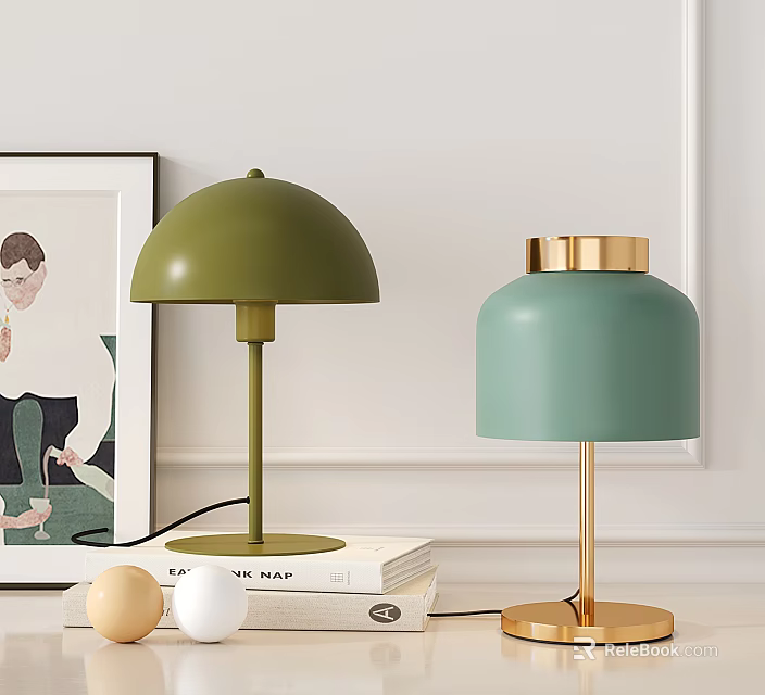 Modern Green And Teal Table Lamps With Golden Base On Books And Decorative Balls 3d model 