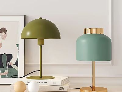 Modern Green And Teal Table Lamps With Golden Base On Books And Decorative Balls 3d model