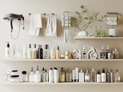 Well Organized Bathroom Toiletries On Shelves With Towels Hair Dryer 3d model