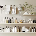 Well Organized Bathroom Toiletries On Shelves With Towels Hair Dryer
