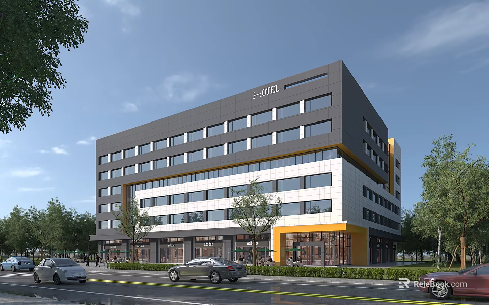 Modern Multi Storey Office Building With Glass Windows Gray White Facade And Urban Trees 3d model 
