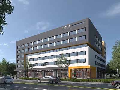 Modern Multi Storey Office Building With Glass Windows Gray White Facade And Urban Trees 3d model