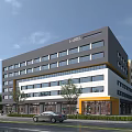 Modern Multi Storey Office Building With Glass Windows Gray White Facade And Urban Trees