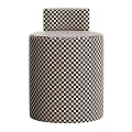 Modern Upholstered Sofa Stool With Black White Checkered Pattern And Gold Pillar Design 3d model