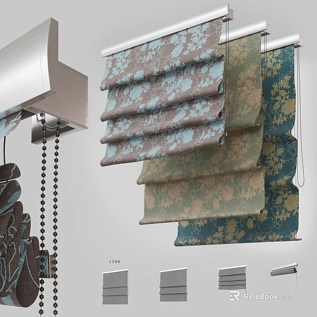 Elegant Roman Blinds In Blue Green Brown Fabric With Stylish Floral Patterns 3d model 