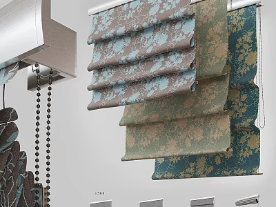 Elegant Roman Blinds In Blue Green Brown Fabric With Stylish Floral Patterns 3d model