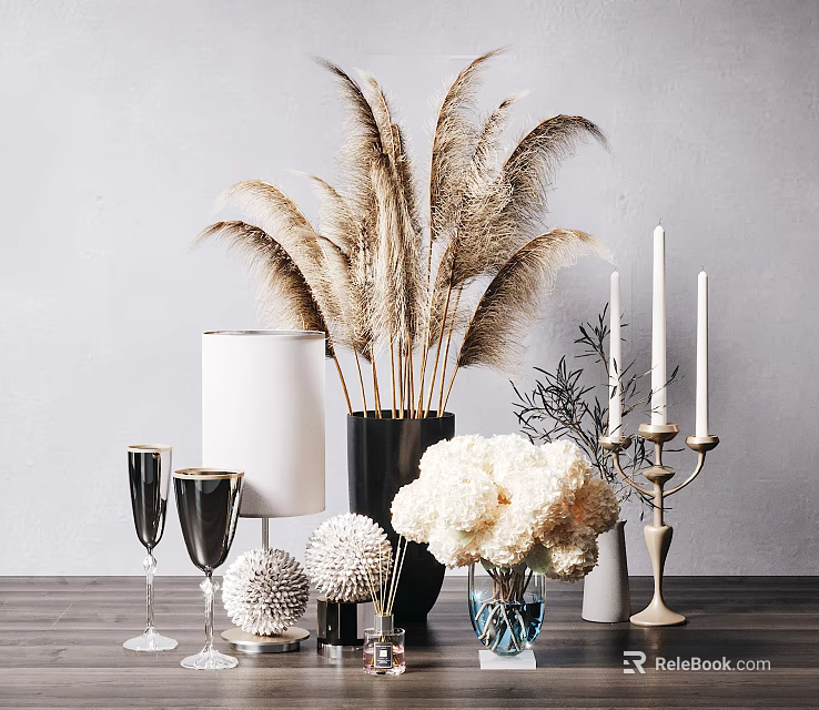 Elegant Decorative Ornament Collection with Pampas Grass White Flowers Candle Holder Wine Glasses and Lamp 3d model 