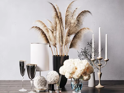 Elegant Decorative Ornament Collection with Pampas Grass White Flowers Candle Holder Wine Glasses and Lamp 3d model