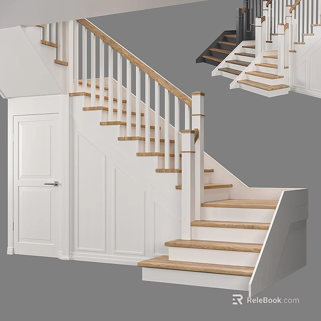 Modern Staircase With Wooden Steps And Handrail Against White Walls And Door 3d model 