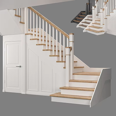Modern Staircase With Wooden Steps And Handrail Against White Walls And Door 3d model