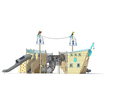 Pirate Ship Themed Wooden Garden Play Structure With Slide Net Tunnel Flags And Bird Decorations 3d model