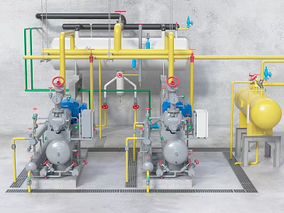 Industrial Process Equipment With Yellow Piping Blue Pumps Red Valves And Storage Tank 3d model