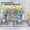 Industrial Process Equipment With Yellow Piping Blue Pumps Red Valves And Storage Tank
