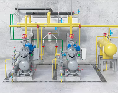 Industrial Process Equipment With Yellow Piping Blue Pumps Red Valves And Storage Tank 3d model