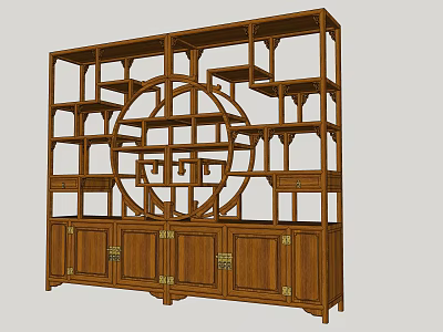 Traditional Chinese Wooden Display Shelf With Circular Openwork Design Multiple Tiers And Brass Handles 3d model