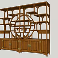 Traditional Chinese Wooden Display Shelf With Circular Openwork Design Multiple Tiers And Brass Handles