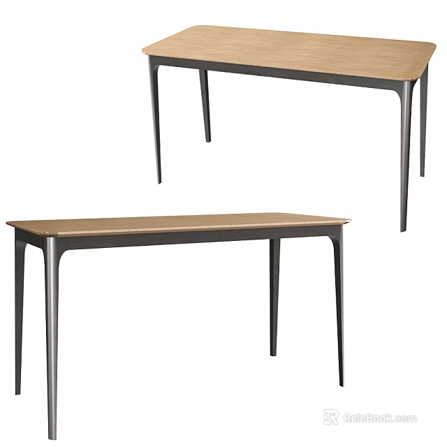 Modern Minimalist Dining Table With Natural Wooden Top And Slim Black Metal Legs 3d model 