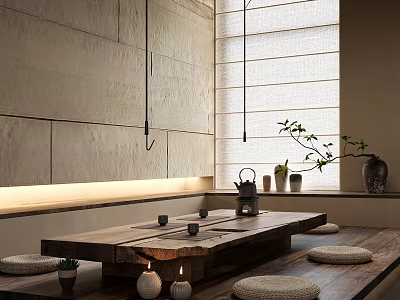 Serene Tea Room With Wooden Table Tea Set Stone Walls And Cushions 3d model