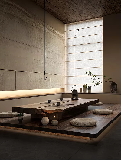 Serene Tea Room With Wooden Table Tea Set Stone Walls And Cushions 3d model