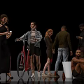 Diverse group of people interacting holding phones pushing red bicycle and sitting on black background
