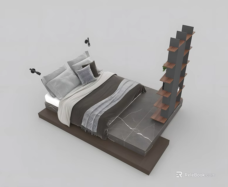Modern Double Bed Design With Stylish Headboard Plush Pillows Cozy Blanket And Wooden Bookshelf 3d model 