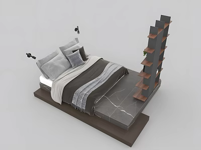 Modern Double Bed Design With Stylish Headboard Plush Pillows Cozy Blanket And Wooden Bookshelf 3d model